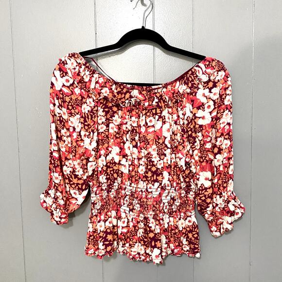 Free People Red Fruit Punch Sweet Memories Smocked Waist Boho Blouse M - Picture 5 of 7